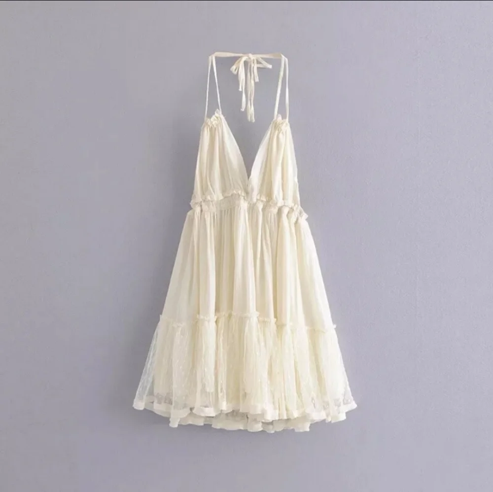 NEW Plunge Halter Dot Ruffle Mini Sundress Summer Off White Cream Ivory - Picture 9 of 12